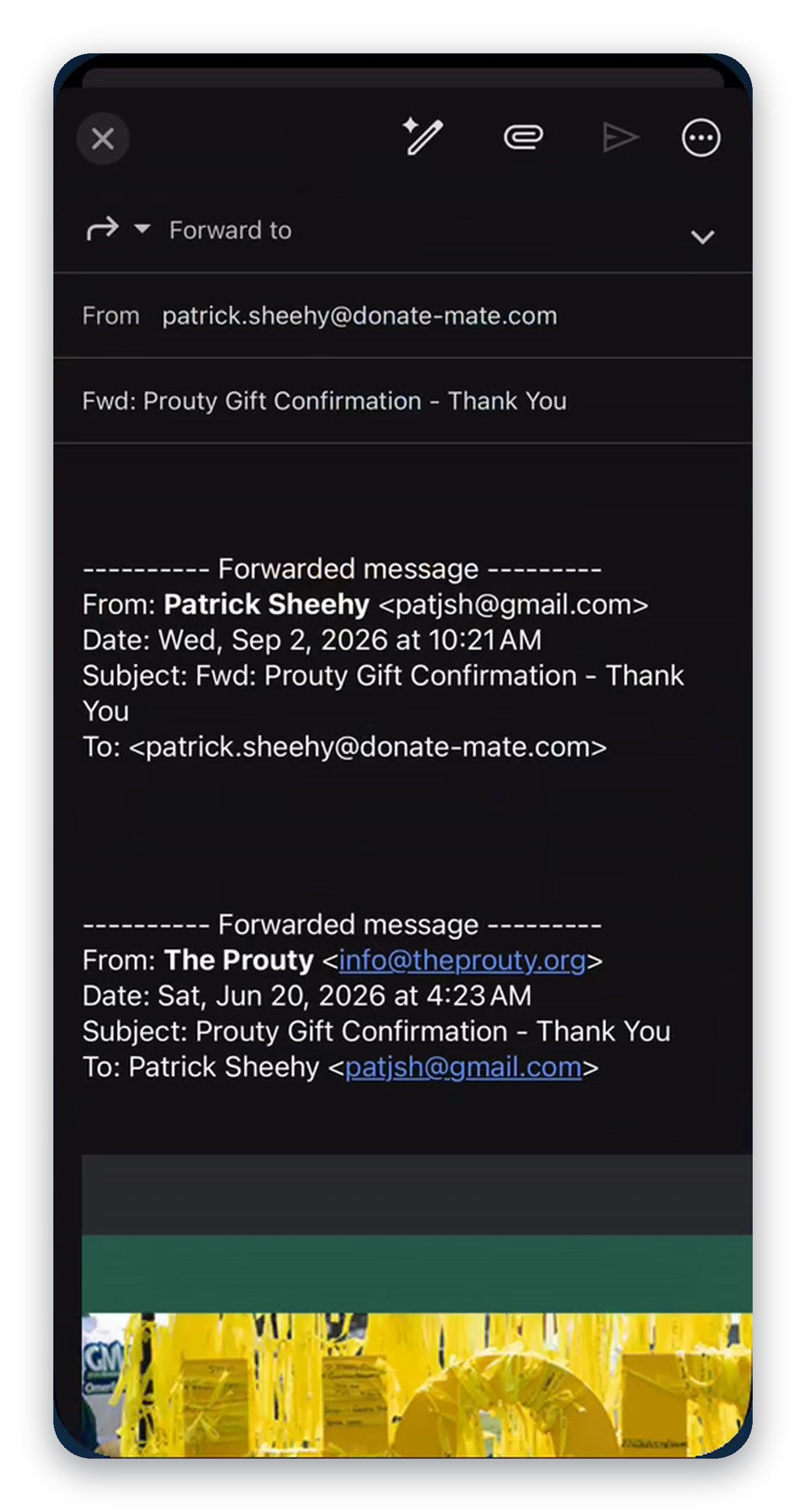 DonateMate email receipt forwarding instructions