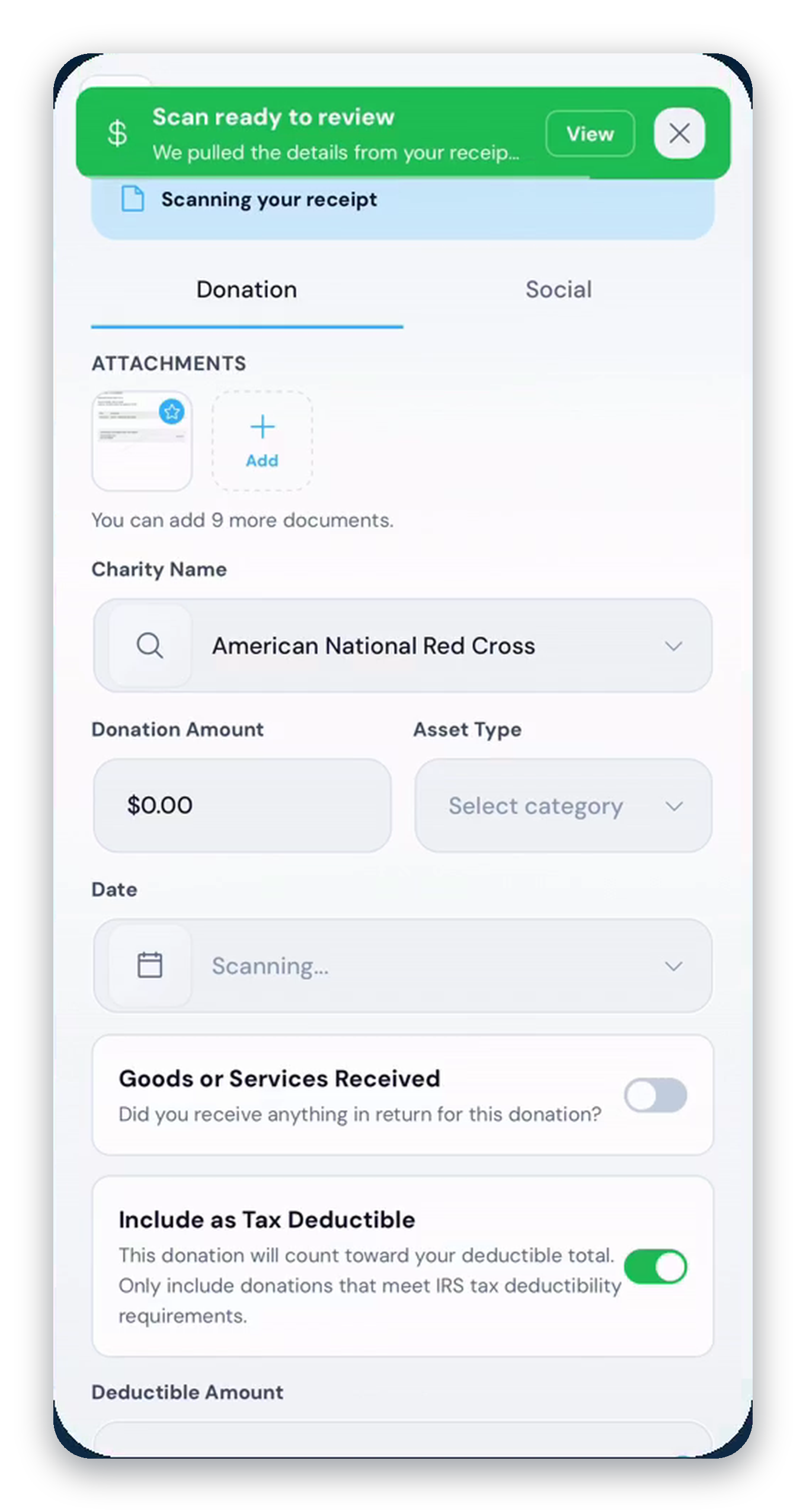 DonateMate scanned donation fields ready for review