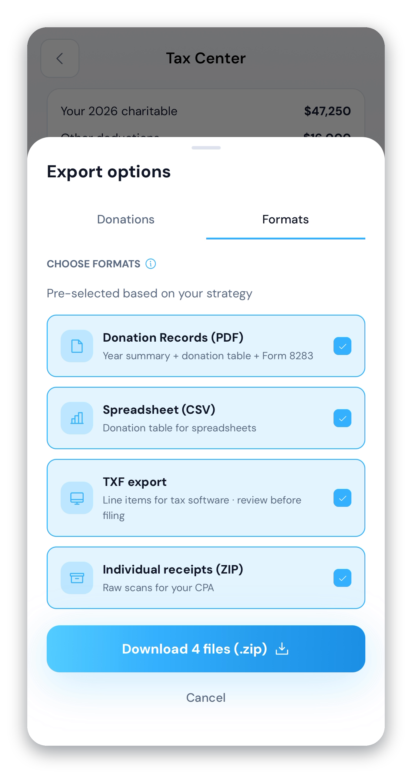 DonateMate tax report export formats